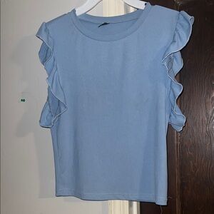 Blue Flutter Sleeve Ruffled Blouse
